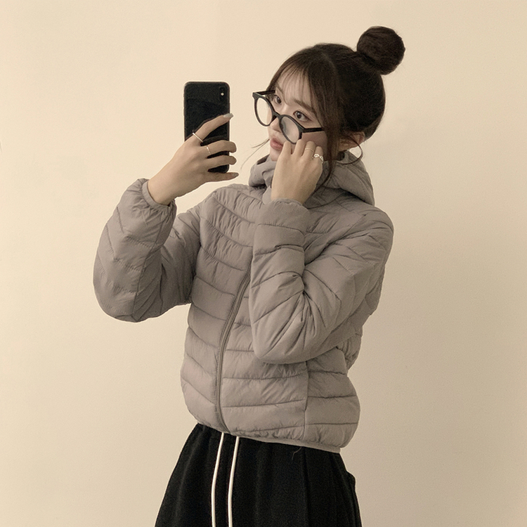 데일리한 무드의 빵빵 겨울 긴팔 데일리 웰론 하이넥 후드 패딩 아우터 경량패딩 오버핏 점퍼 그레이