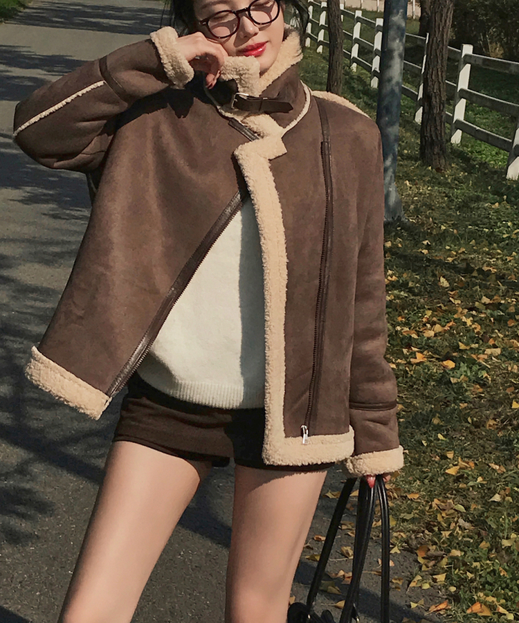 ハイネックバックルウールハーフジャケット BROWN