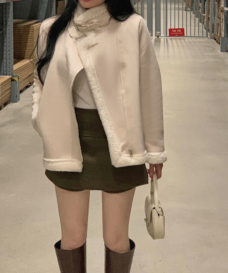 ハイネックバックルウールハーフジャケット BEIGE