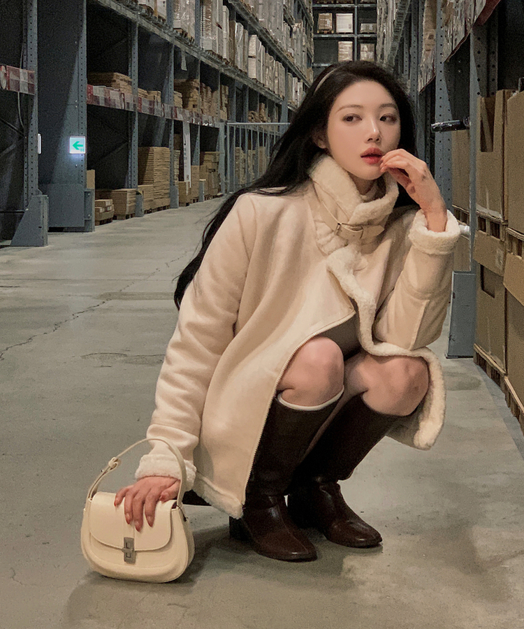 ハイネックバックルウールハーフジャケット BEIGE