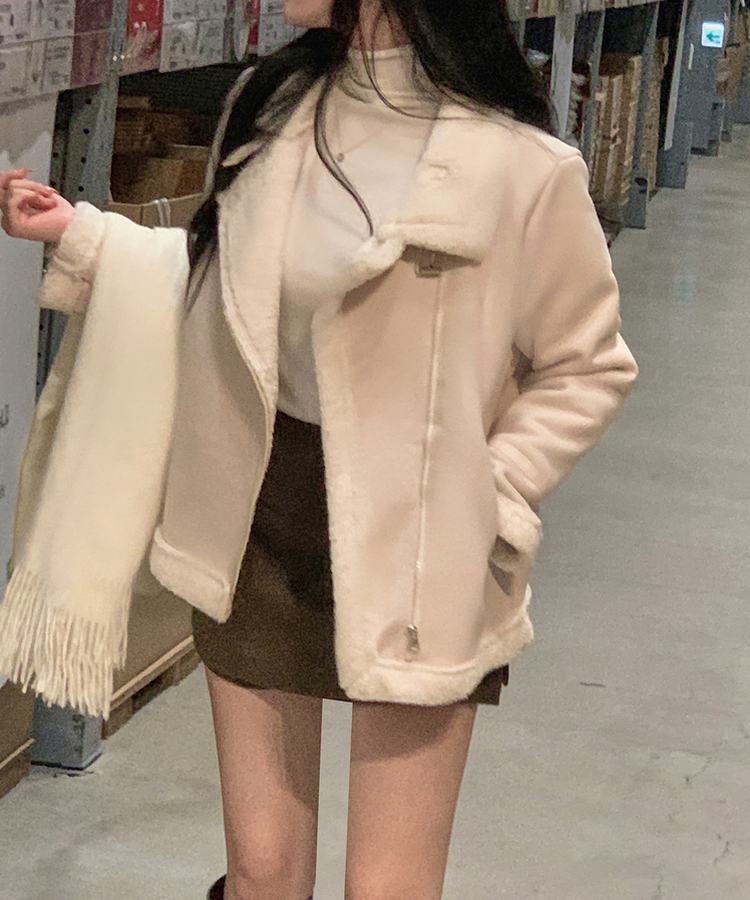 ハイネックバックルウールハーフジャケット BEIGE