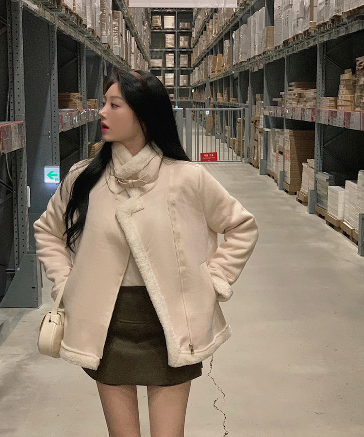 ハイネックバックルウールハーフジャケット BEIGE