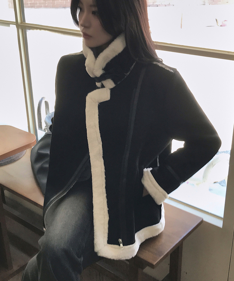 ハイネックバックルウールハーフジャケット BLACK