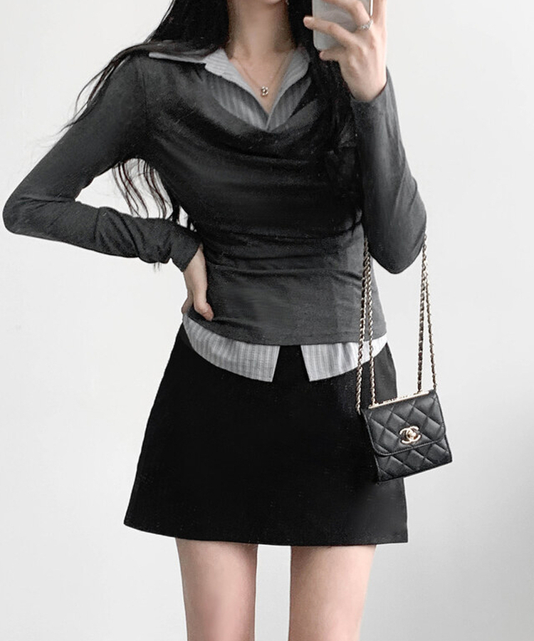 シャツレイヤードドレープTシャツ｜長袖Tシャツ｜韓国ファッション通販