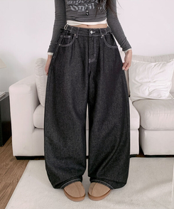 テッチサイドバックルポケットワイドコットンパンツ JET BLACK