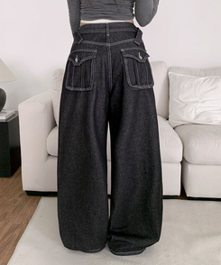 テッチサイドバックルポケットワイドコットンパンツ JET BLACK