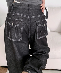 テッチサイドバックルポケットワイドコットンパンツ JET BLACK