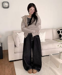 テッチサイドバックルポケットワイドコットンパンツ JET BLACK