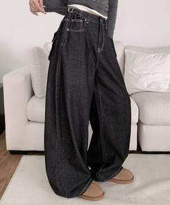 テッチサイドバックルポケットワイドコットンパンツ JET BLACK