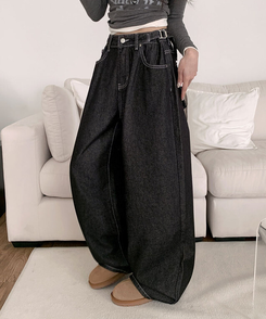 テッチサイドバックルポケットワイドコットンパンツ JET BLACK