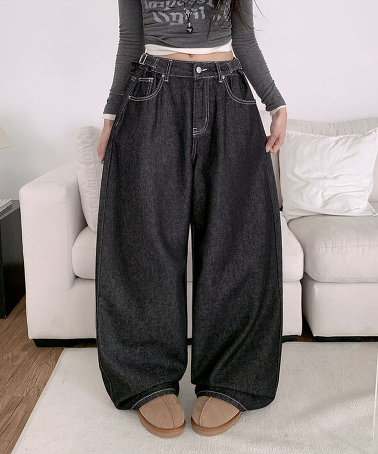 テッチサイドバックルポケットワイドコットンパンツ JET BLACK