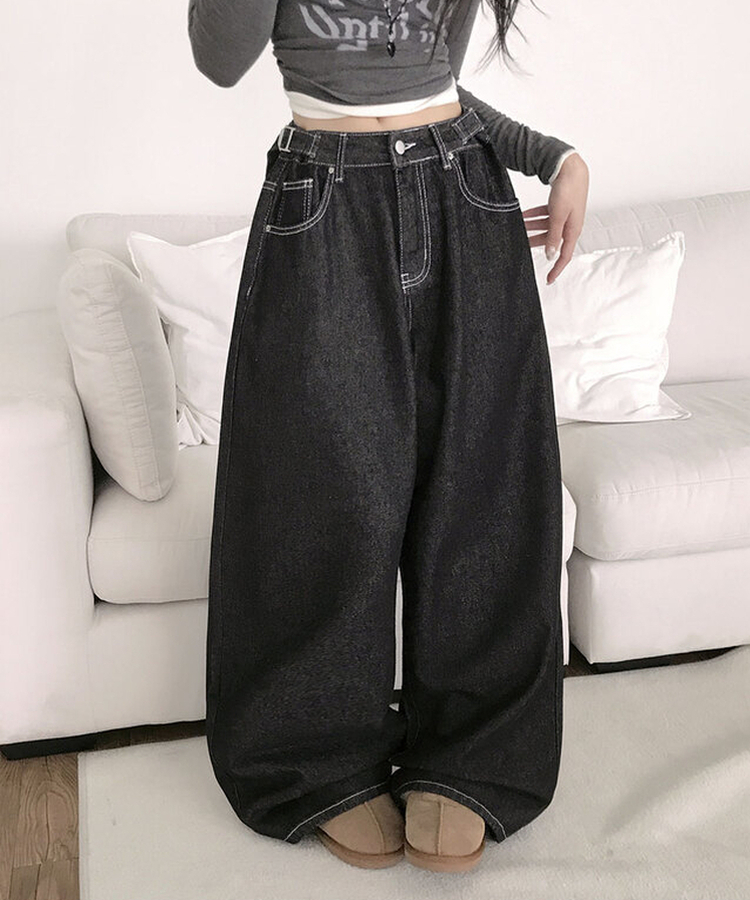 テッチサイドバックルポケットワイドコットンパンツ JET BLACK