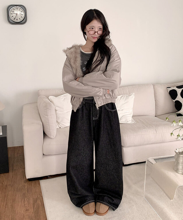 テッチサイドバックルポケットワイドコットンパンツ JET BLACK