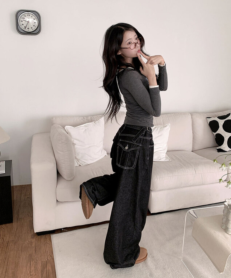 テッチサイドバックルポケットワイドコットンパンツ JET BLACK