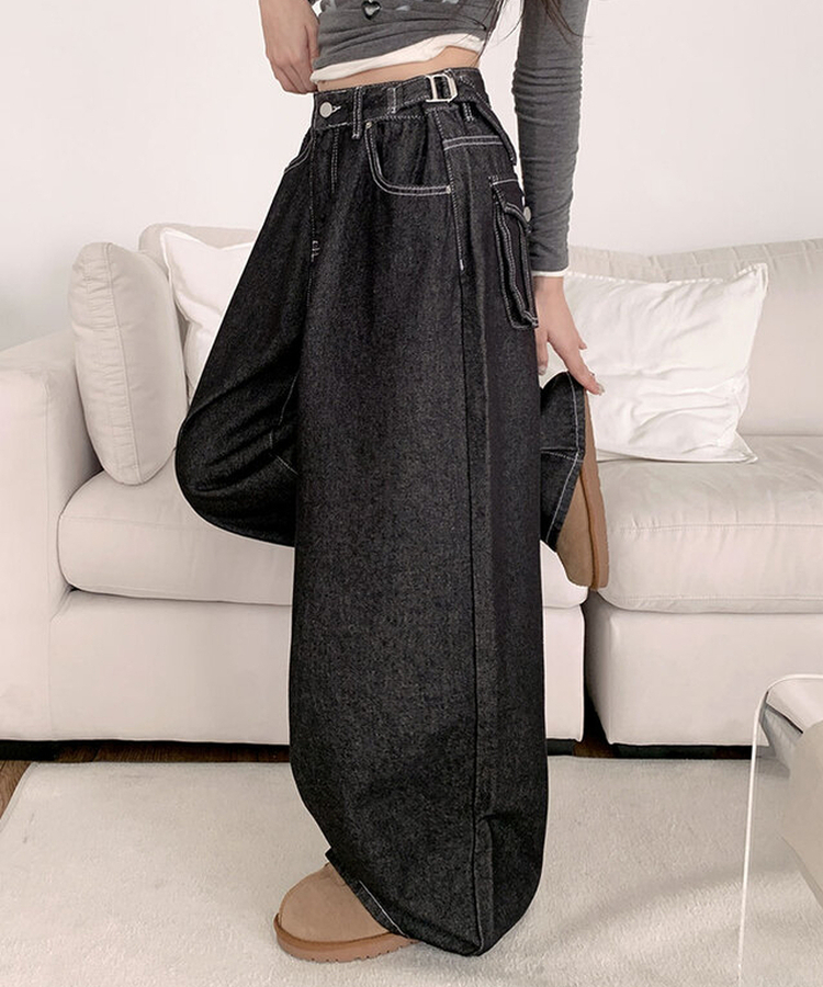 テッチサイドバックルポケットワイドコットンパンツ JET BLACK