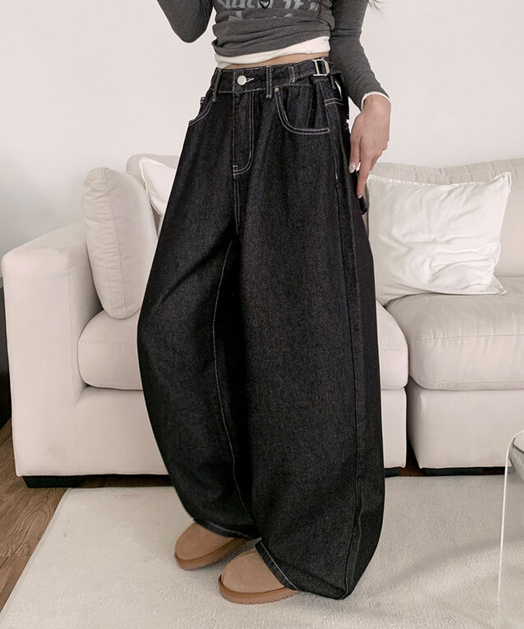 テッチサイドバックルポケットワイドコットンパンツ JET BLACK