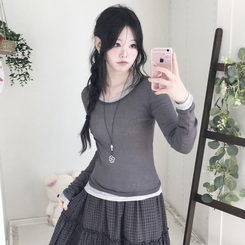 부들넉넉 이너 레이어드 무지 시스루 긴팔 티셔츠 먹색