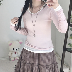 부들넉넉 이너 레이어드 무지 시스루 긴팔 티셔츠 핑크