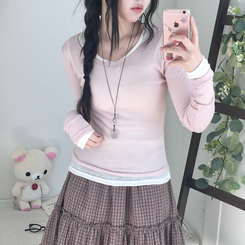 부들넉넉 이너 레이어드 무지 시스루 긴팔 티셔츠 핑크