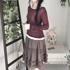 부들넉넉 이너 레이어드 무지 시스루 긴팔 티셔츠 와인