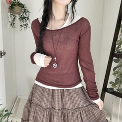 부들넉넉 이너 레이어드 무지 시스루 긴팔 티셔츠 와인
