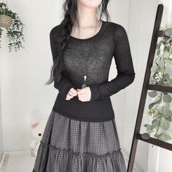 부들넉넉 이너 레이어드 무지 시스루 긴팔 티셔츠 블랙
