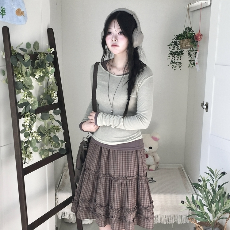 부들넉넉 이너 레이어드 무지 시스루 긴팔 티셔츠 그린