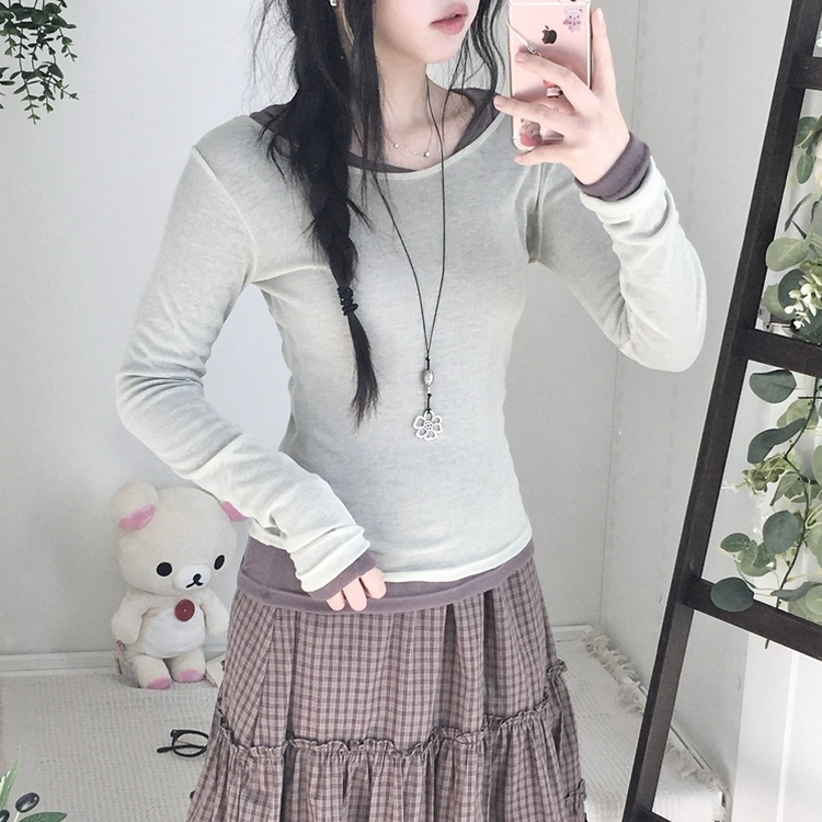 부들넉넉 이너 레이어드 무지 시스루 긴팔 티셔츠 그린