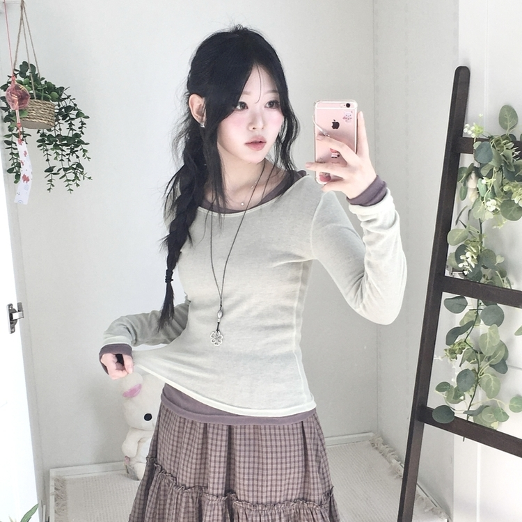 부들넉넉 이너 레이어드 무지 시스루 긴팔 티셔츠 그린