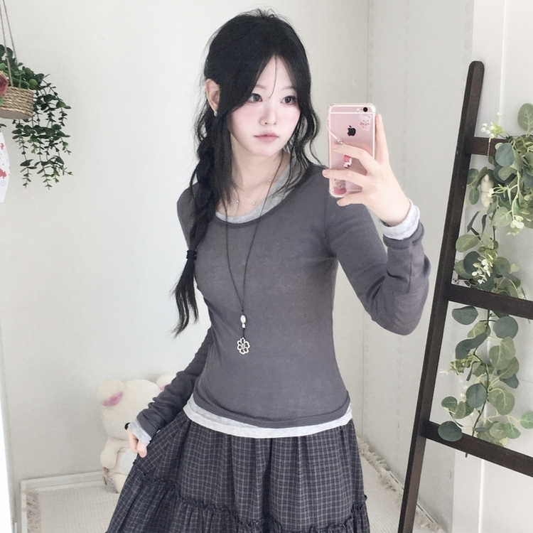 부들넉넉 이너 레이어드 무지 시스루 긴팔 티셔츠 먹색