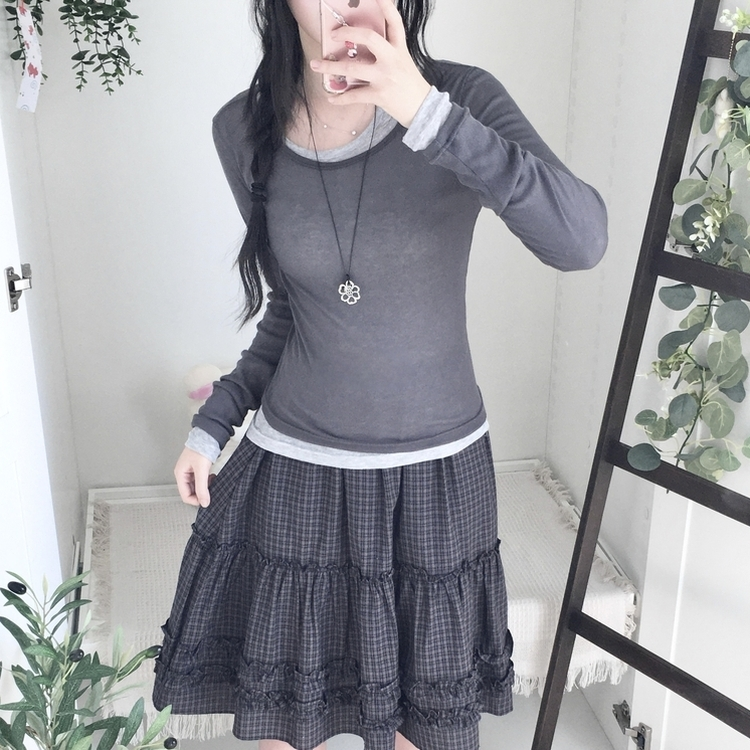 부들넉넉 이너 레이어드 무지 시스루 긴팔 티셔츠 먹색