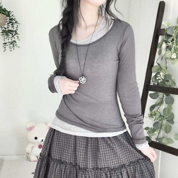부들넉넉 이너 레이어드 무지 시스루 긴팔 티셔츠 먹색
