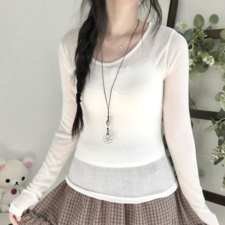 부들넉넉 이너 레이어드 무지 시스루 긴팔 티셔츠 아이보리