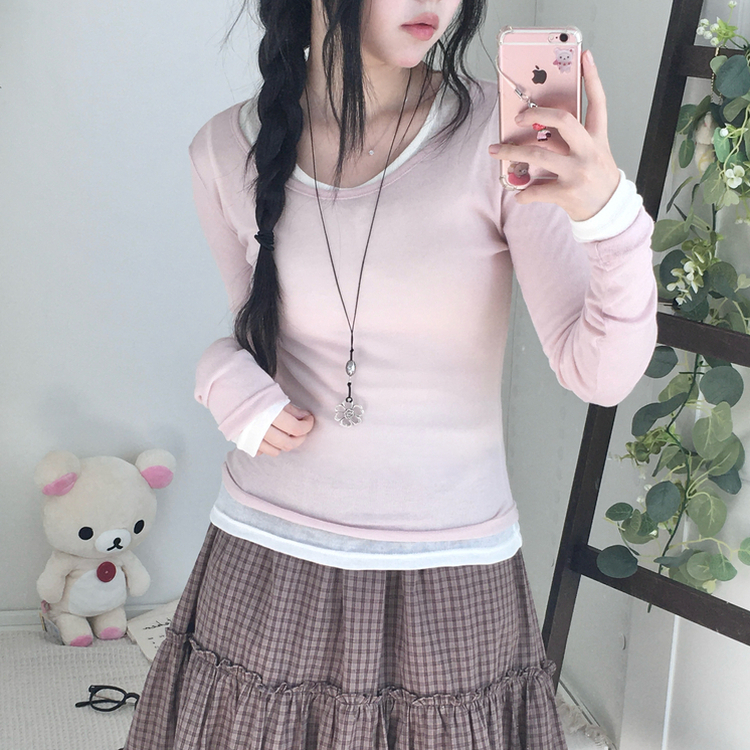 부들넉넉 이너 레이어드 무지 시스루 긴팔 티셔츠 핑크
