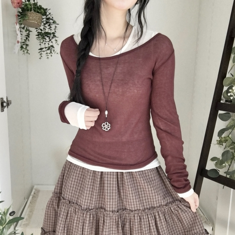 부들넉넉 이너 레이어드 무지 시스루 긴팔 티셔츠 와인