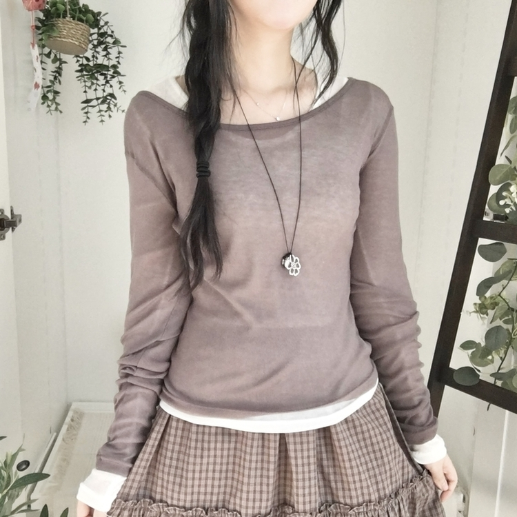 부들넉넉 이너 레이어드 무지 시스루 긴팔 티셔츠 밤색