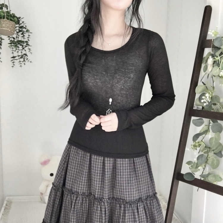 부들넉넉 이너 레이어드 무지 시스루 긴팔 티셔츠 블랙