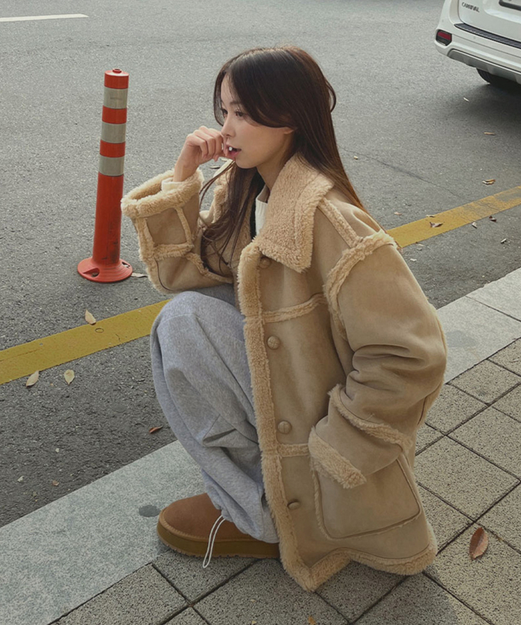 스웨이드 오버핏 하이퀄리티 리버시블 전체 안감 무스탕 베이지