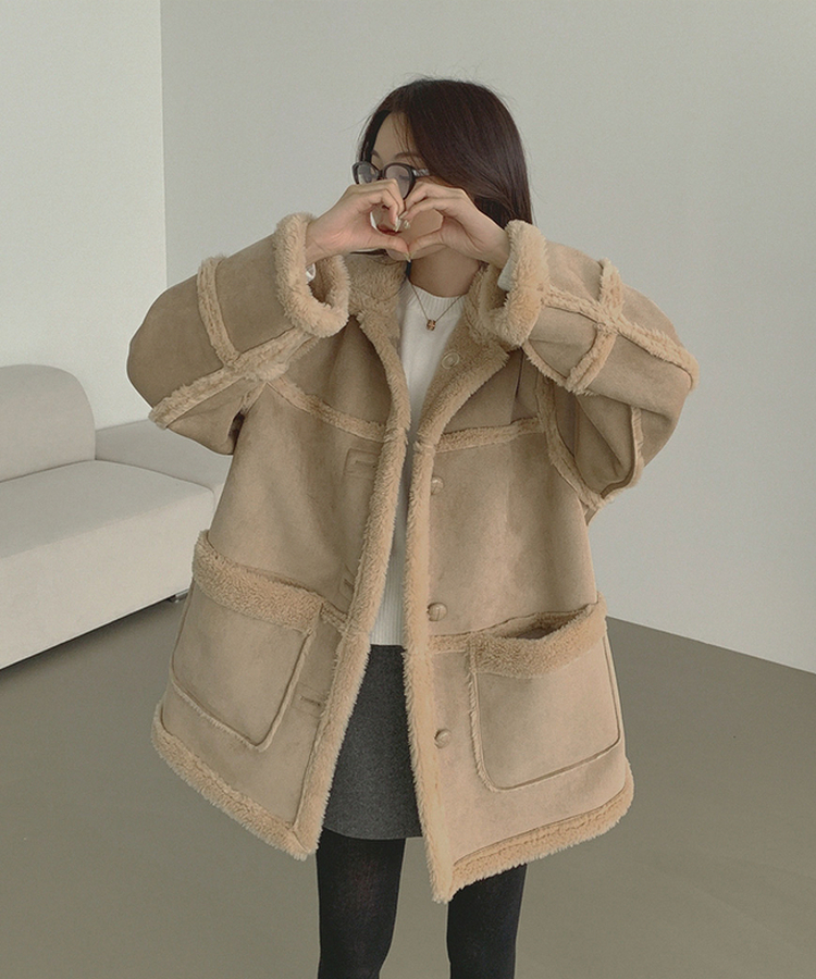 스웨이드 오버핏 하이퀄리티 리버시블 전체 안감 무스탕 베이지