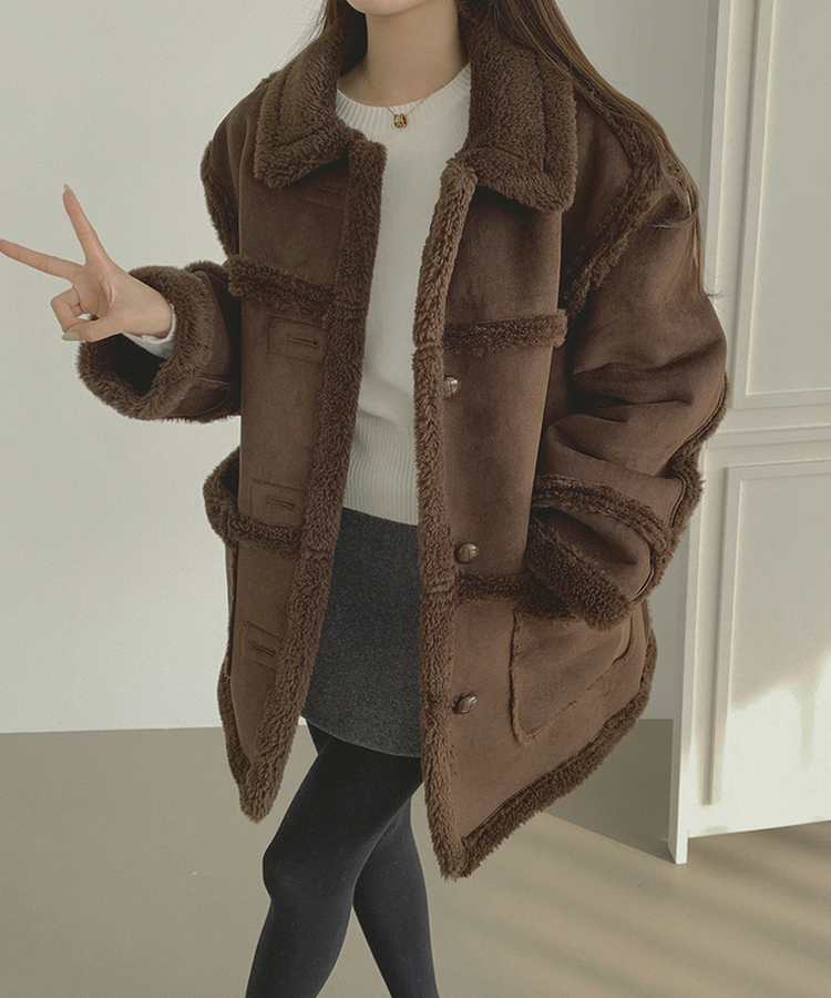 스웨이드 오버핏 하이퀄리티 리버시블 전체 안감 무스탕 브라운