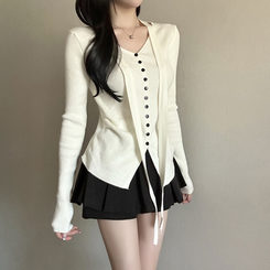 【タイ付き】シャーリングリブニットTシャツ WHITE