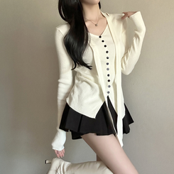 【タイ付き】シャーリングリブニットTシャツ WHITE