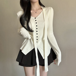 【タイ付き】シャーリングリブニットTシャツ WHITE