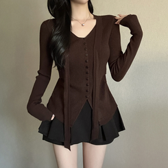 【タイ付き】シャーリングリブニットTシャツ BROWN