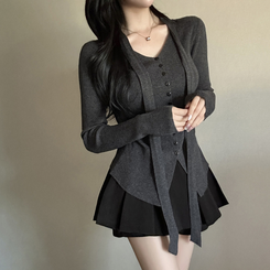 【タイ付き】シャーリングリブニットTシャツ GREY