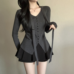 【タイ付き】シャーリングリブニットTシャツ GREY