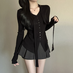 【タイ付き】シャーリングリブニットTシャツ BLACK