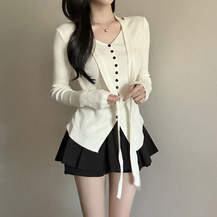 【タイ付き】シャーリングリブニットTシャツ WHITE