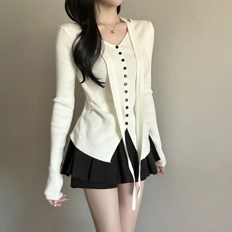 【タイ付き】シャーリングリブニットTシャツ WHITE