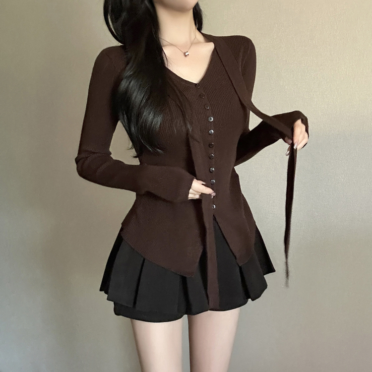 【タイ付き】シャーリングリブニットTシャツ BROWN